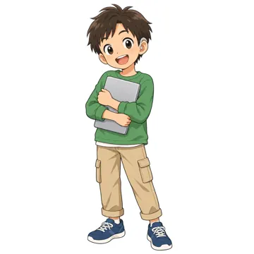 いろいろな子ども・大人 いろいろな子ども 補聴器をつけた小学4年生くらいの男の子。緑のシャツ、ノートパソコンを抱えて笑顔