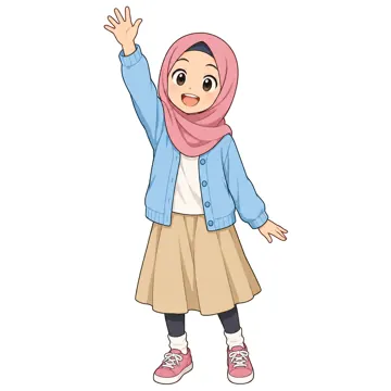 いろいろな子ども・大人 いろいろな子ども ヒジャブを身につけた小学5年生くらいの女の子。水色のカーディガン、手をあげて質問している