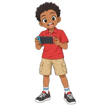 いろいろな子ども・大人 いろいろな子ども アフリカにルーツのある、短いカール髪の小学3年生くらいの男の子。赤いポロシャツ、ゲーム機を持っている