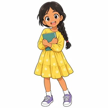 いろいろな子ども・大人 いろいろな子ども 南アジアにルーツのある、長い三つ編みの小学4年生くらいの女の子。黄色のワンピース、本を持っている