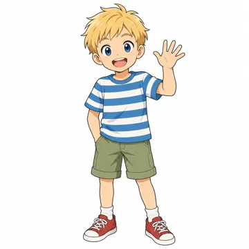 いろいろな子ども・大人 いろいろな子ども 金髪のヨーロッパにルーツのある小学2年生くらいの男の子。ボーダーのTシャツ、手をふっている