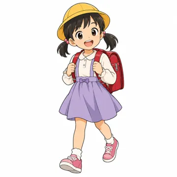 いろいろな子ども・大人 いろいろな子ども ランドセルを背負った小学1年生くらいの女の子。黄色い帽子、元気に歩いている
