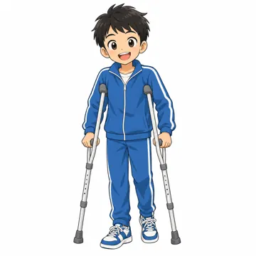 いろいろな子ども・大人 いろいろな子ども 松葉づえをついた小学5年生くらいの男の子。青いジャージ、明るい笑顔