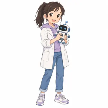 いろいろな子ども・大人 いろいろな子ども 白衣風の上着を着て、ロボットのおもちゃを持った小学6年生くらいの女の子(プログラミングが好きそう)