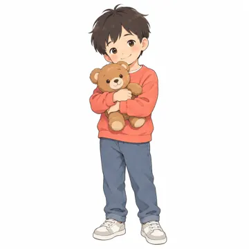 いろいろな子ども・大人 いろいろな子ども 少しはずかしがりな小学2年生くらいの男の子。ぬいぐるみをかかえて、はにかんでいる