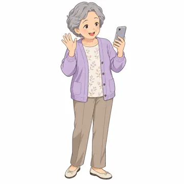 いろいろな子ども・大人 いろいろな子ども スマホを持った、やさしいおばあちゃん(孫とビデオ通話しているように画面に手をふる)