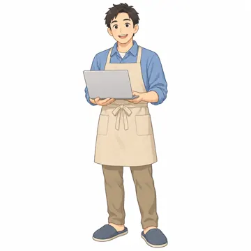 いろいろな子ども・大人 いろいろな子ども ノートパソコンを持った、在宅勤務中のお父さん(エプロンをかけている)