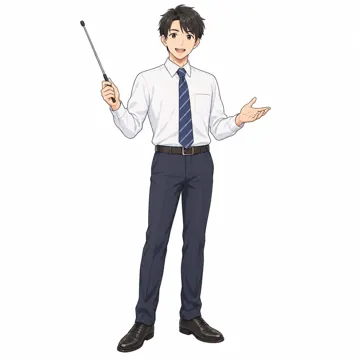 いろいろな子ども・大人 いろいろな子ども 指し棒を持った若い男性の先生。ワイシャツにネクタイ、明るい表情