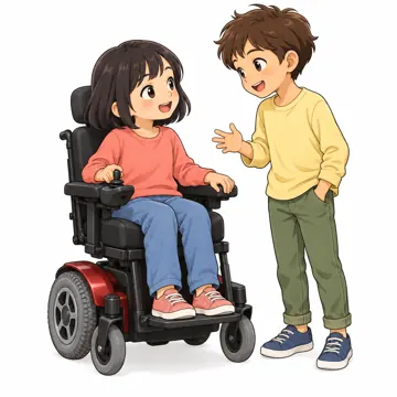 いろいろな子ども・大人・子ども(からだ・コミュニケーション・ルーツ・年齢・家族) いろいろな子ども 電動車いすに乗って友だちと話す子
