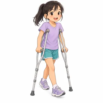 いろいろな子ども・大人・子ども(からだ・コミュニケーション・ルーツ・年齢・家族) いろいろな子ども 松葉づえで歩く子(笑顔)