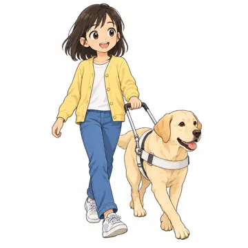 いろいろな子ども・大人・子ども(からだ・コミュニケーション・ルーツ・年齢・家族) いろいろな子ども 盲導犬(胴輪ハーネス)と歩く子