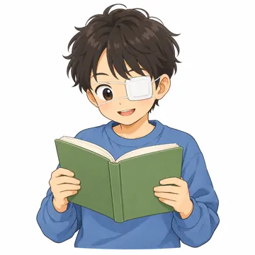 いろいろな子ども・大人・子ども(からだ・コミュニケーション・ルーツ・年齢・家族) いろいろな子ども 眼帯をつけて本を読む子