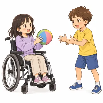 いろいろな子ども・大人・子ども(からだ・コミュニケーション・ルーツ・年齢・家族) いろいろな子ども 車いすの子と友だちがいっしょに遊ぶ場面