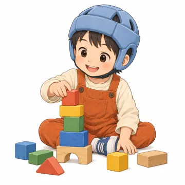 いろいろな子ども・大人・子ども(からだ・コミュニケーション・ルーツ・年齢・家族) いろいろな子ども ヘルメット型の保護帽をかぶって遊ぶ子