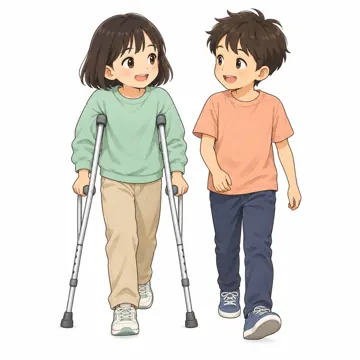 いろいろな子ども・大人・子ども(からだ・コミュニケーション・ルーツ・年齢・家族) いろいろな子ども 松葉づえの子と友だちが並んで歩く場面
