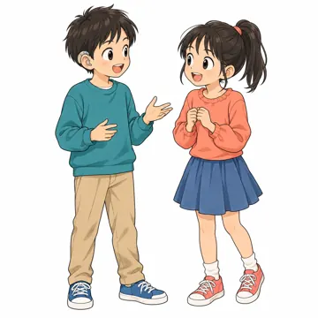 いろいろな子ども・大人・子ども(からだ・コミュニケーション・ルーツ・年齢・家族) いろいろな子ども 補聴器の子と友だちが話す場面