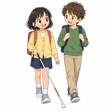 いろいろな子ども・大人・子ども(からだ・コミュニケーション・ルーツ・年齢・家族) いろいろな子ども 白杖の子と友だちが一緒に下校する場面