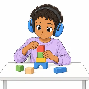 いろいろな子ども・大人・子ども(からだ・コミュニケーション・ルーツ・年齢・家族) いろいろな子ども イヤーマフをつけて集中して作業する子