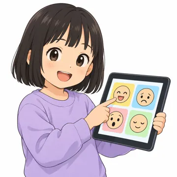 いろいろな子ども・大人・子ども(からだ・コミュニケーション・ルーツ・年齢・家族) いろいろな子ども タブレットの絵を指さして気持ちを伝える子