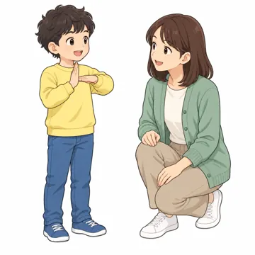 いろいろな子ども・大人・子ども(からだ・コミュニケーション・ルーツ・年齢・家族) いろいろな子ども 手話で先生と話す子