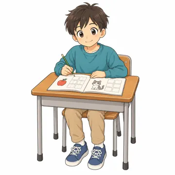 いろいろな子ども・大人・子ども(からだ・コミュニケーション・ルーツ・年齢・家族) いろいろな子ども 日本語のドリルで勉強する子