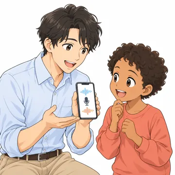 いろいろな子ども・大人・子ども(からだ・コミュニケーション・ルーツ・年齢・家族) いろいろな子ども 先生が通訳アプリで話を伝える場面