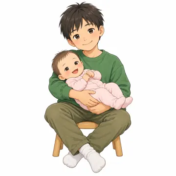 いろいろな子ども・大人・子ども(からだ・コミュニケーション・ルーツ・年齢・家族) いろいろな子ども 赤ちゃんを抱っこする小学生のきょうだい