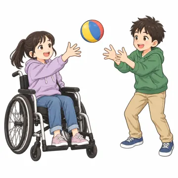 いろいろな子ども・大人・子ども(からだ・コミュニケーション・ルーツ・年齢・家族) いろいろな子ども 障害のあるきょうだいと遊ぶ子(きょうだい児)