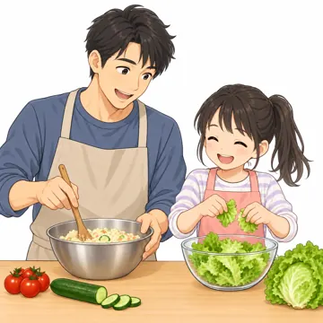 いろいろな子ども・大人・子ども(からだ・コミュニケーション・ルーツ・年齢・家族) いろいろな子ども ひとり親の父と料理する子