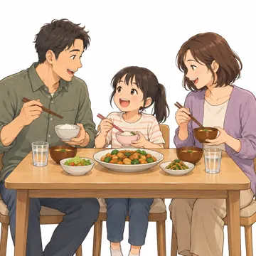 いろいろな子ども・大人・子ども(からだ・コミュニケーション・ルーツ・年齢・家族) いろいろな子ども 里親家庭で食卓を囲む子