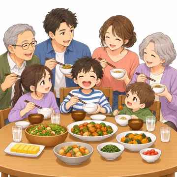 いろいろな子ども・大人・子ども(からだ・コミュニケーション・ルーツ・年齢・家族) いろいろな子ども 大家族でわいわい食事する子