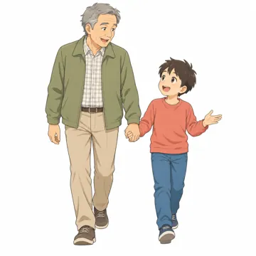 いろいろな子ども・大人・大人(支える人・保護者・しごと) いろいろな大人 祖父が孫と散歩