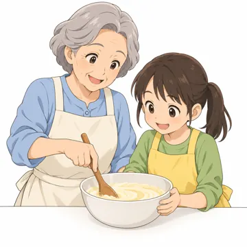 いろいろな子ども・大人・大人(支える人・保護者・しごと) いろいろな大人 祖母が孫に料理を教える