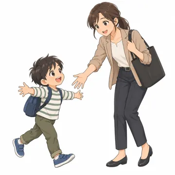いろいろな子ども・大人・大人(支える人・保護者・しごと) いろいろな大人 ひとり親の母が仕事帰りに迎えに来る