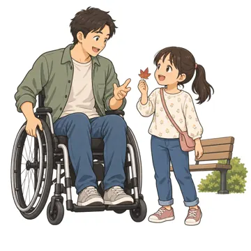 いろいろな子ども・大人・大人(支える人・保護者・しごと) いろいろな大人 車いすの保護者が子どもと公園