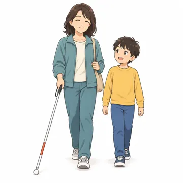 いろいろな子ども・大人・大人(支える人・保護者・しごと) いろいろな大人 白杖の保護者と子ども
