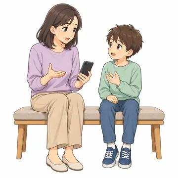 いろいろな子ども・大人・大人(支える人・保護者・しごと) いろいろな大人 子どもとスマホのルールを話す保護者