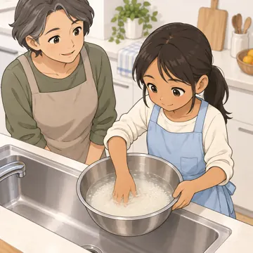 安全・くらし 安全・くらし 食育:お米を研ぐ