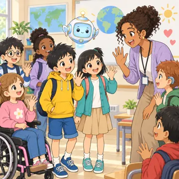 教科の場面 教科の場面 英語:ハルやミオたちがALTの先生とあいさつをしている