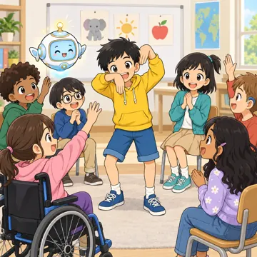 教科の場面 教科の場面 英語:ハルやミオたちがジェスチャーゲームをしている