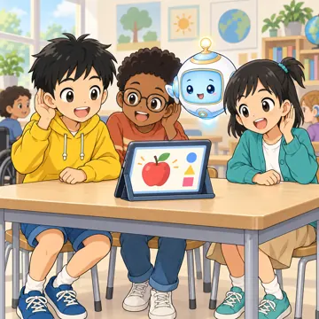 教科の場面 教科の場面 英語:ハルやミオたちがタブレットで発音を聞いている
