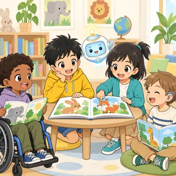 教科の場面 教科の場面 英語:ハルやミオたちが英語の絵本を読んでいる