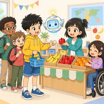 教科の場面 教科の場面 英語:ハルやミオたちが買い物ごっこをしている