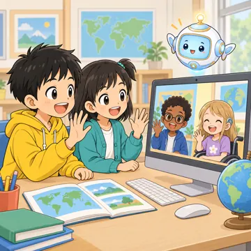 教科の場面 教科の場面 英語:ハルやミオたちがビデオ通話で海外の子とあいさつしている