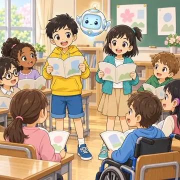 教科の場面 教科の場面 国語:ハルやミオたちが教室で音読している