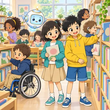 教科の場面 教科の場面 国語:ハルやミオたちが図書室で本を選んでいる