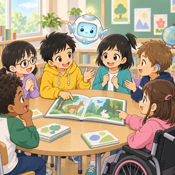 教科の場面 教科の場面 国語:ハルやミオたちがグループで物語について話し合っている