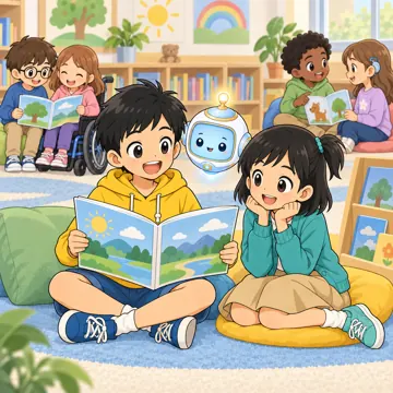 教科の場面 教科の場面 国語:ハルやミオたちがペアで読み聞かせをしている