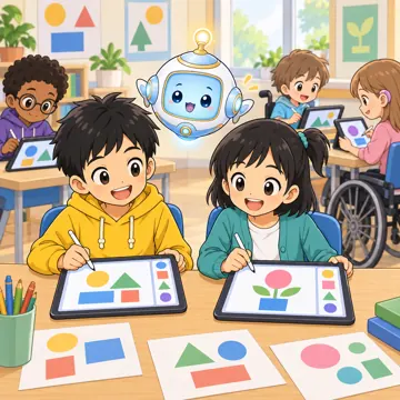 教科の場面 教科の場面 国語:ハルやミオたちがタブレットで作文を清書している