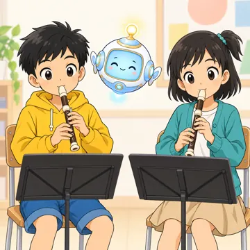 教科の場面 教科の場面 音楽:ハルやミオたちがリコーダーを吹いている